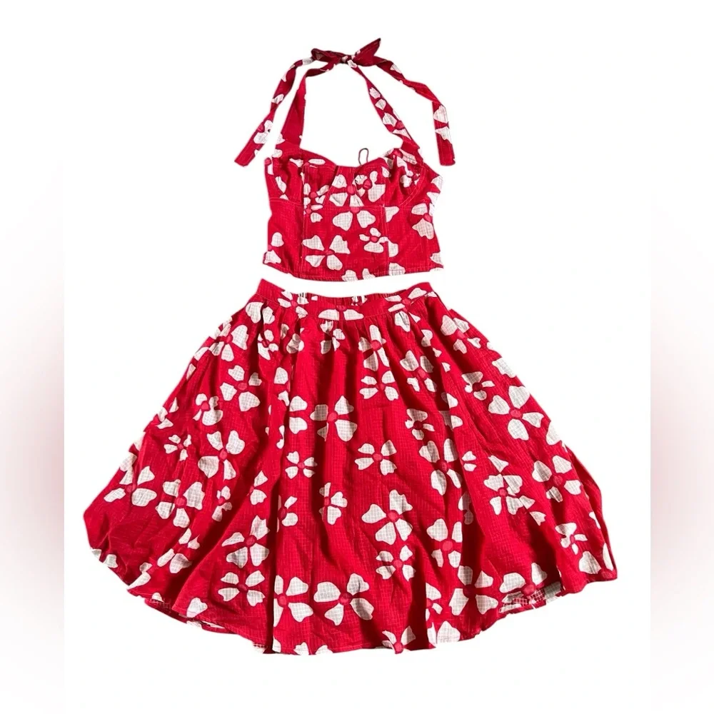 NWOT Free People Keepsake Red Poppy Combo Set Skirt/ Halter Top - Picture 3 of 15
